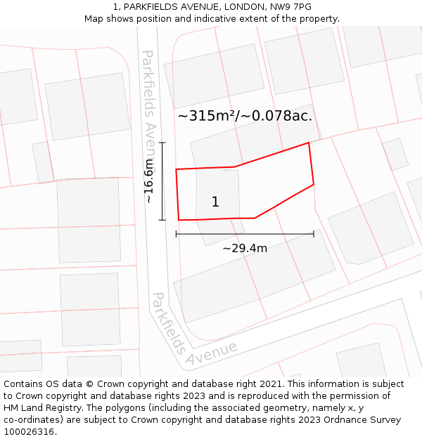 1, PARKFIELDS AVENUE, LONDON, NW9 7PG: Plot and title map