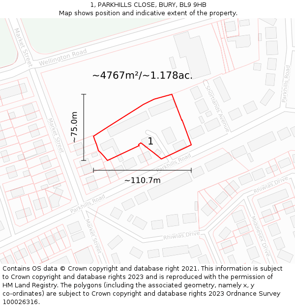 1, PARKHILLS CLOSE, BURY, BL9 9HB: Plot and title map