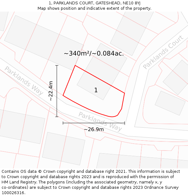 1, PARKLANDS COURT, GATESHEAD, NE10 8YJ: Plot and title map