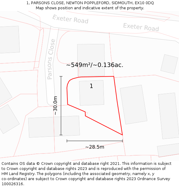 1, PARSONS CLOSE, NEWTON POPPLEFORD, SIDMOUTH, EX10 0DQ: Plot and title map
