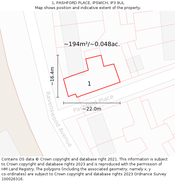 1, PASHFORD PLACE, IPSWICH, IP3 9UL: Plot and title map