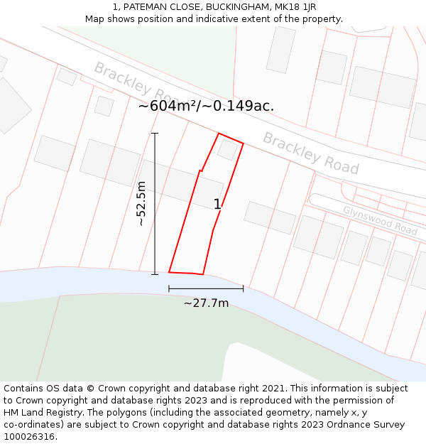 1, PATEMAN CLOSE, BUCKINGHAM, MK18 1JR: Plot and title map