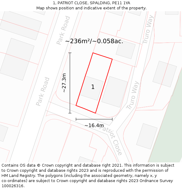 1, PATRIOT CLOSE, SPALDING, PE11 1YA: Plot and title map