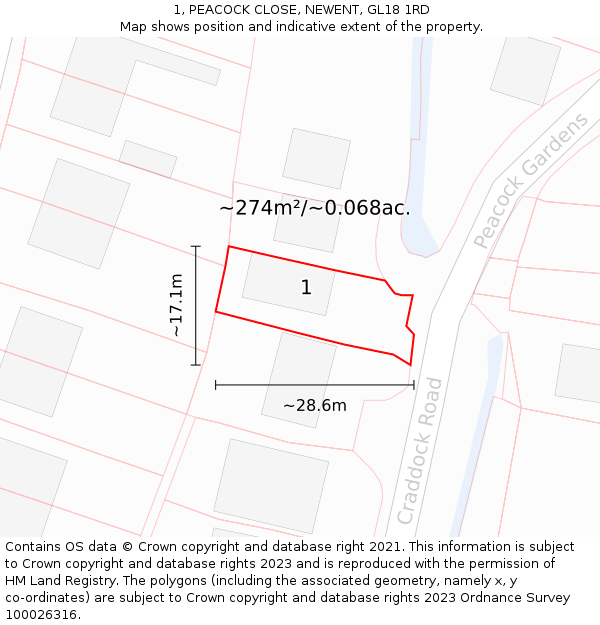 1, PEACOCK CLOSE, NEWENT, GL18 1RD: Plot and title map