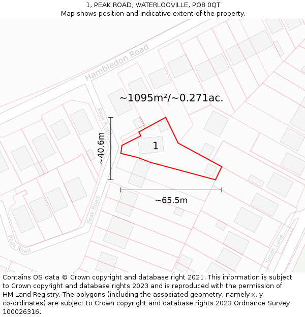 1, PEAK ROAD, WATERLOOVILLE, PO8 0QT: Plot and title map