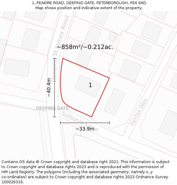 1, PEAKIRK ROAD, DEEPING GATE, PETERBOROUGH, PE6 9AD: Plot and title map