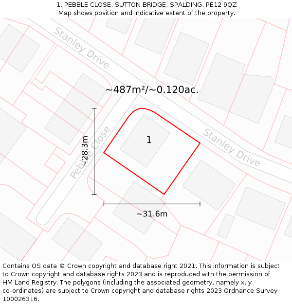 1, PEBBLE CLOSE, SUTTON BRIDGE, SPALDING, PE12 9QZ: Plot and title map