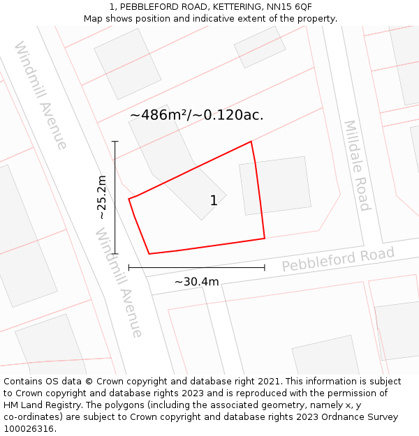 1, PEBBLEFORD ROAD, KETTERING, NN15 6QF: Plot and title map