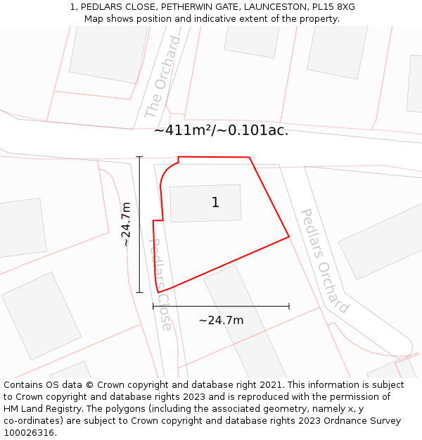 1, PEDLARS CLOSE, PETHERWIN GATE, LAUNCESTON, PL15 8XG: Plot and title map