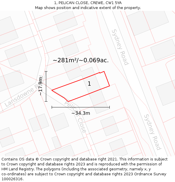 1, PELICAN CLOSE, CREWE, CW1 5YA: Plot and title map