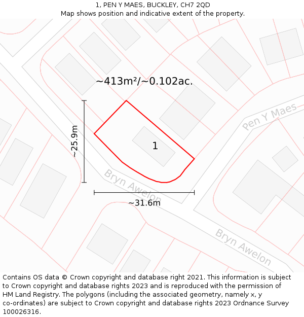 1, PEN Y MAES, BUCKLEY, CH7 2QD: Plot and title map