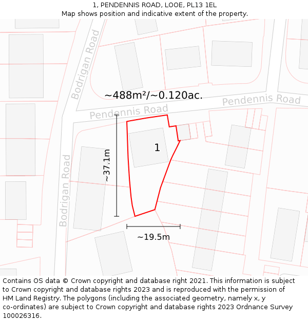 1, PENDENNIS ROAD, LOOE, PL13 1EL: Plot and title map
