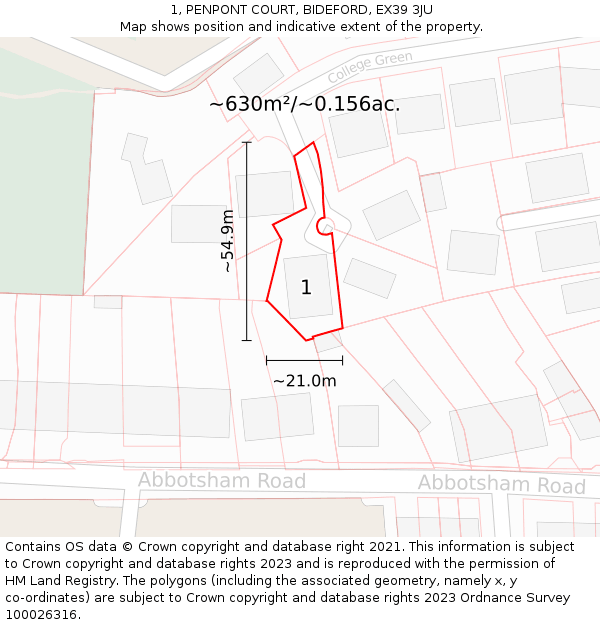 1, PENPONT COURT, BIDEFORD, EX39 3JU: Plot and title map