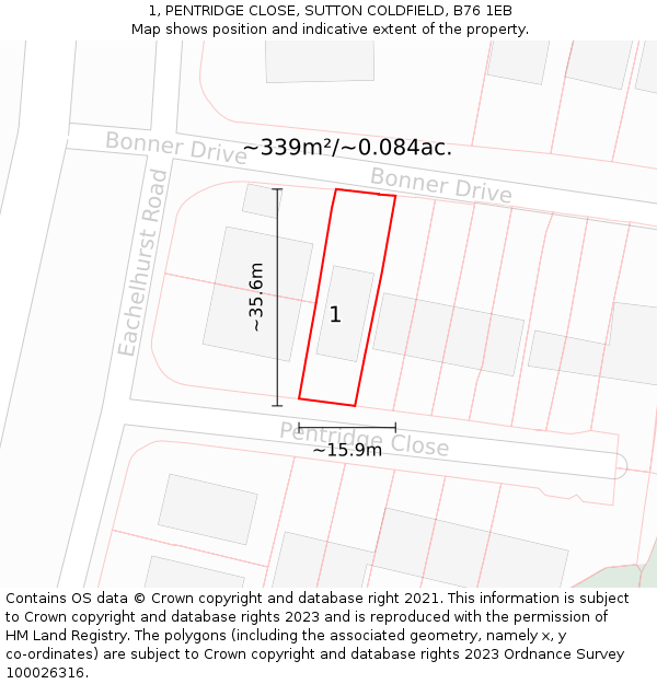 1, PENTRIDGE CLOSE, SUTTON COLDFIELD, B76 1EB: Plot and title map