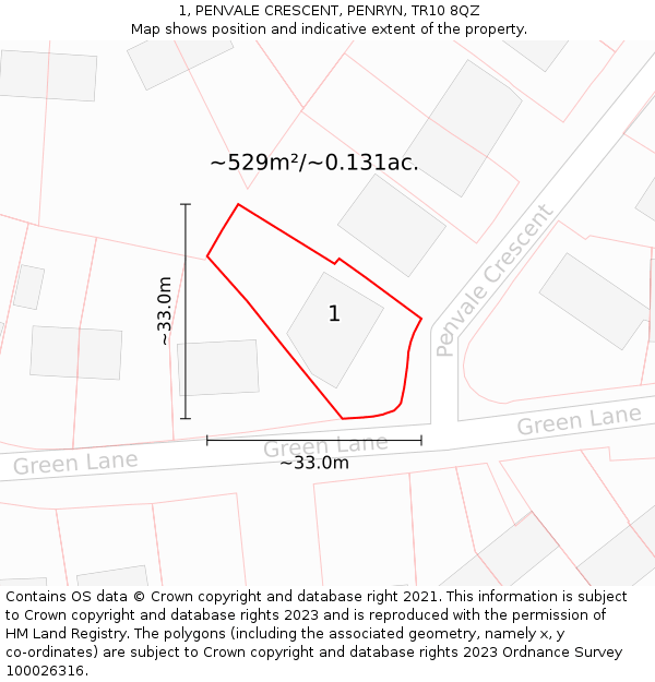 1, PENVALE CRESCENT, PENRYN, TR10 8QZ: Plot and title map