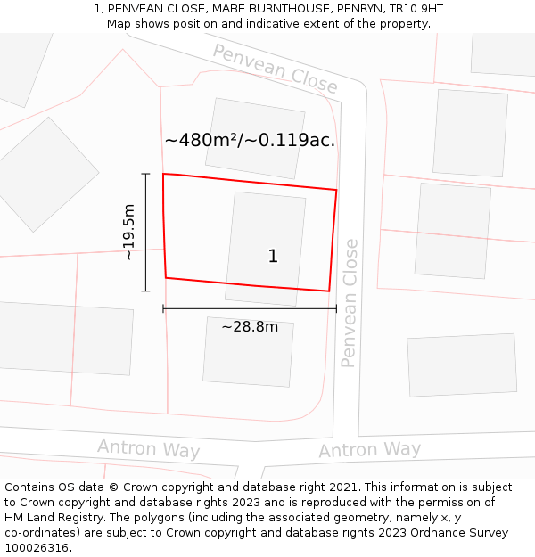 1, PENVEAN CLOSE, MABE BURNTHOUSE, PENRYN, TR10 9HT: Plot and title map