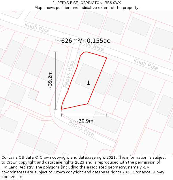 1, PEPYS RISE, ORPINGTON, BR6 0WX: Plot and title map