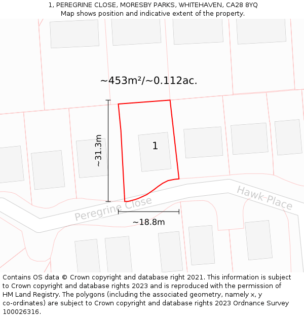 1, PEREGRINE CLOSE, MORESBY PARKS, WHITEHAVEN, CA28 8YQ: Plot and title map