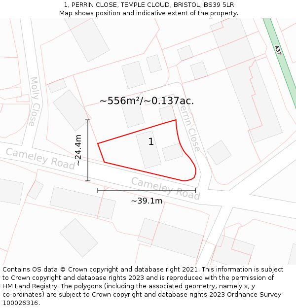 1, PERRIN CLOSE, TEMPLE CLOUD, BRISTOL, BS39 5LR: Plot and title map