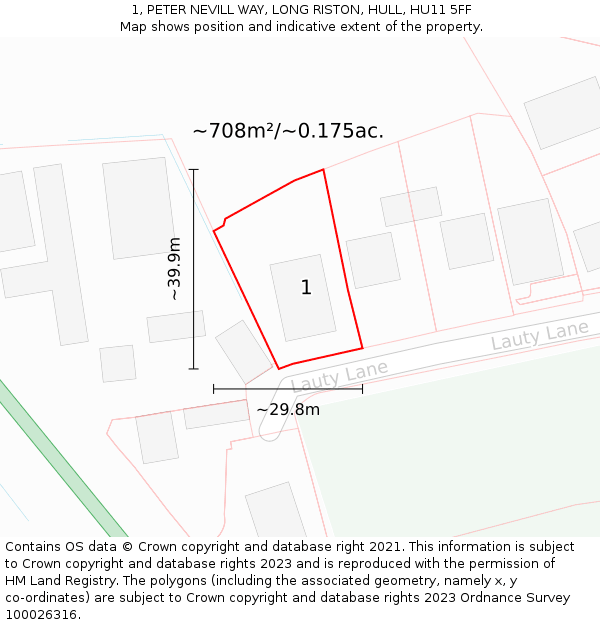 1, PETER NEVILL WAY, LONG RISTON, HULL, HU11 5FF: Plot and title map