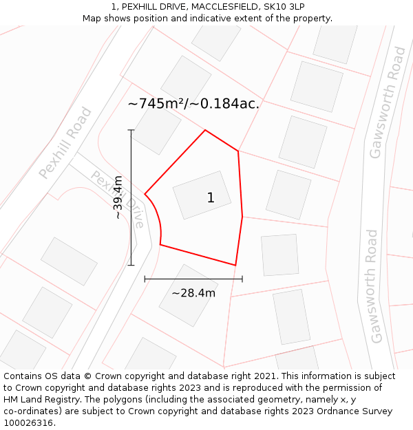 1, PEXHILL DRIVE, MACCLESFIELD, SK10 3LP: Plot and title map