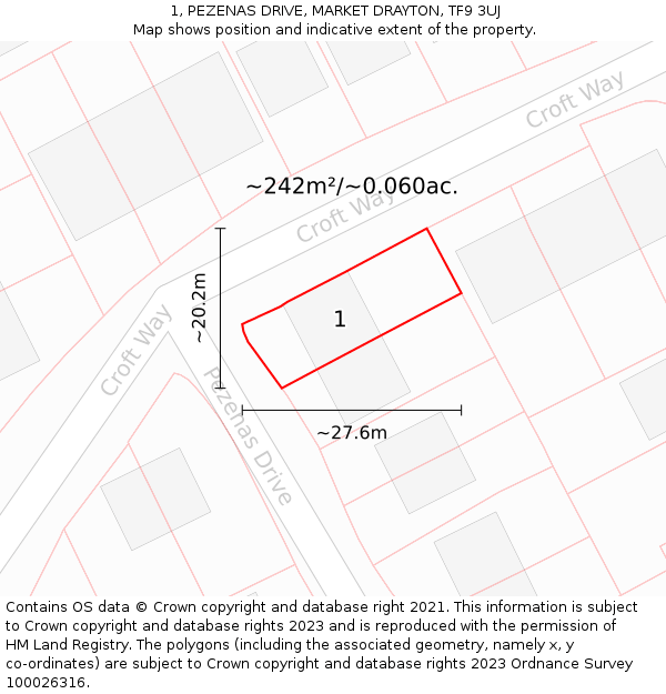 1, PEZENAS DRIVE, MARKET DRAYTON, TF9 3UJ: Plot and title map