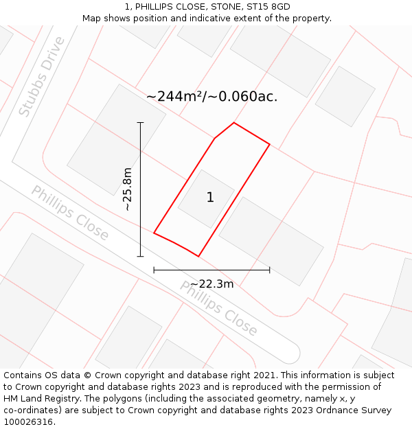 1, PHILLIPS CLOSE, STONE, ST15 8GD: Plot and title map