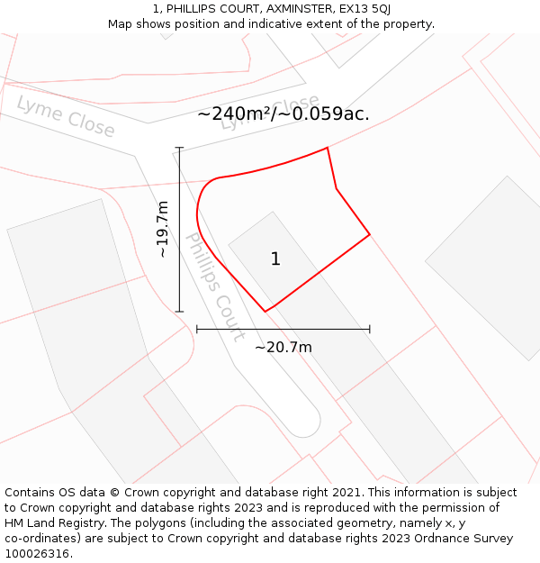 1, PHILLIPS COURT, AXMINSTER, EX13 5QJ: Plot and title map