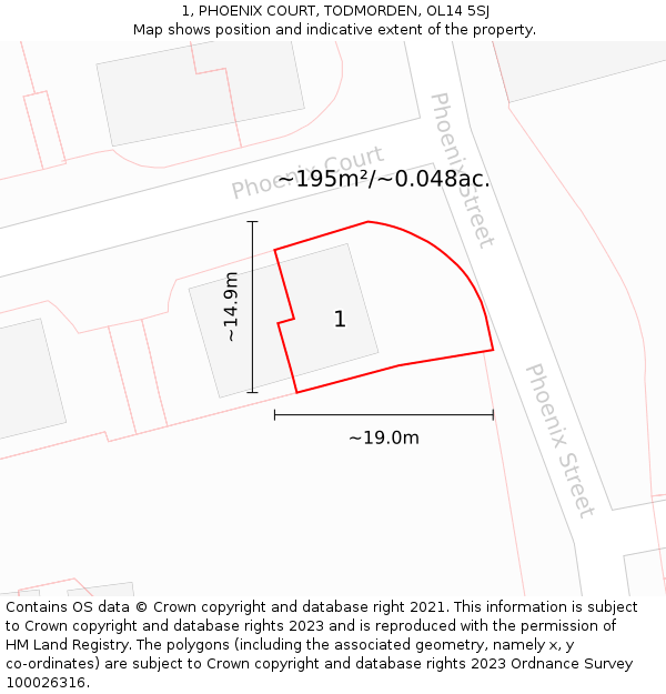 1, PHOENIX COURT, TODMORDEN, OL14 5SJ: Plot and title map