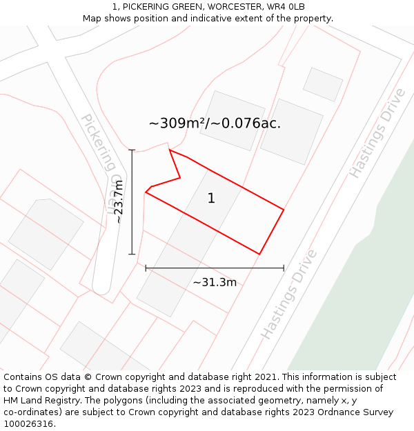 1, PICKERING GREEN, WORCESTER, WR4 0LB: Plot and title map
