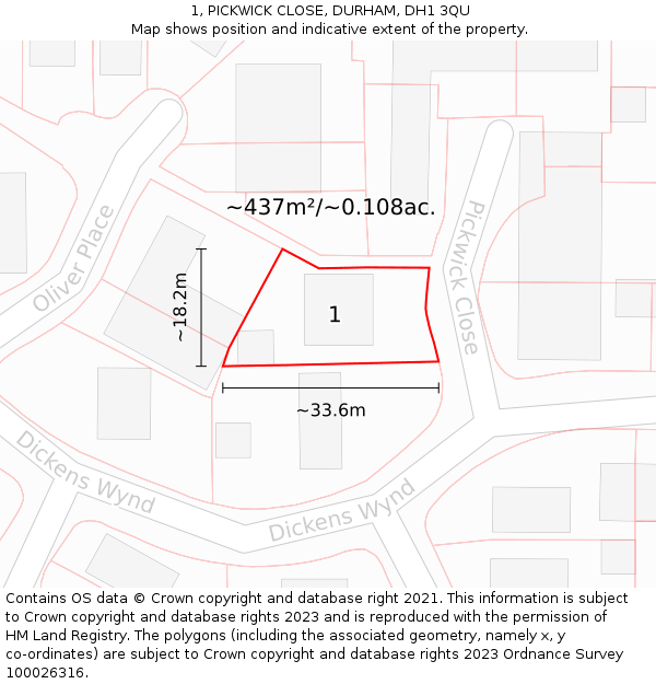 1, PICKWICK CLOSE, DURHAM, DH1 3QU: Plot and title map