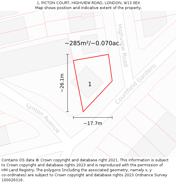 1, PICTON COURT, HIGHVIEW ROAD, LONDON, W13 0EX: Plot and title map