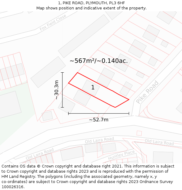 1, PIKE ROAD, PLYMOUTH, PL3 6HF: Plot and title map