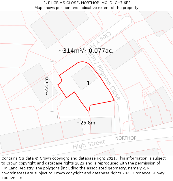 1, PILGRIMS CLOSE, NORTHOP, MOLD, CH7 6BF: Plot and title map