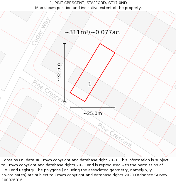 1, PINE CRESCENT, STAFFORD, ST17 0ND: Plot and title map