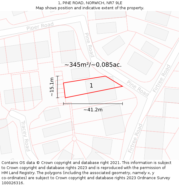 1, PINE ROAD, NORWICH, NR7 9LE: Plot and title map