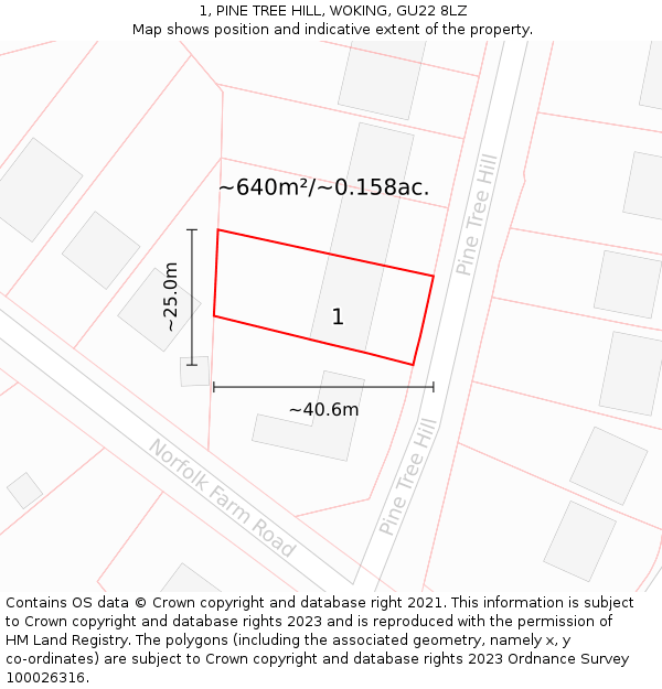 1, PINE TREE HILL, WOKING, GU22 8LZ: Plot and title map