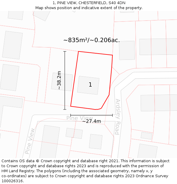 1, PINE VIEW, CHESTERFIELD, S40 4DN: Plot and title map