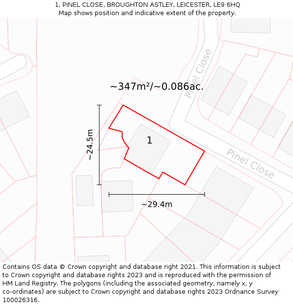 1, PINEL CLOSE, BROUGHTON ASTLEY, LEICESTER, LE9 6HQ: Plot and title map