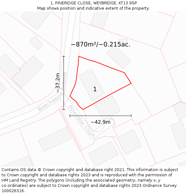1, PINERIDGE CLOSE, WEYBRIDGE, KT13 9SP: Plot and title map