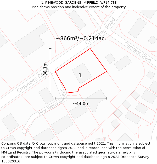 1, PINEWOOD GARDENS, MIRFIELD, WF14 9TB: Plot and title map