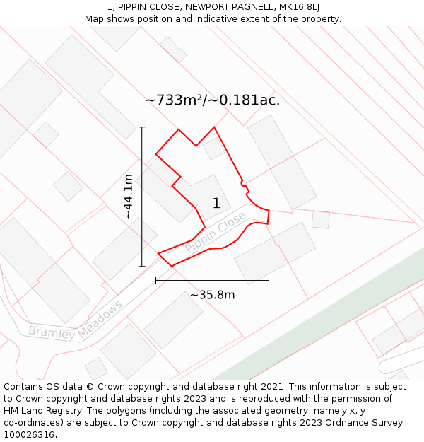 1, PIPPIN CLOSE, NEWPORT PAGNELL, MK16 8LJ: Plot and title map