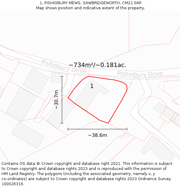 1, PISHIOBURY MEWS, SAWBRIDGEWORTH, CM21 0AP: Plot and title map