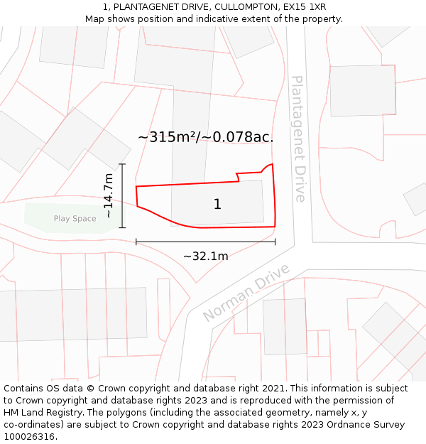 1, PLANTAGENET DRIVE, CULLOMPTON, EX15 1XR: Plot and title map