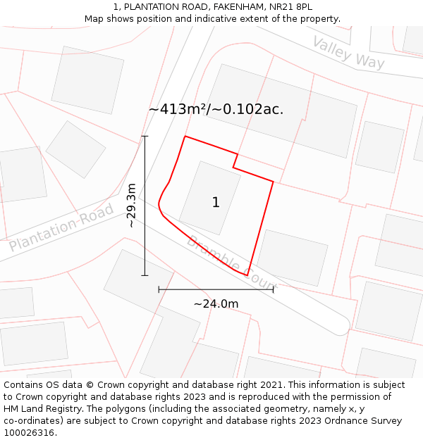 1, PLANTATION ROAD, FAKENHAM, NR21 8PL: Plot and title map