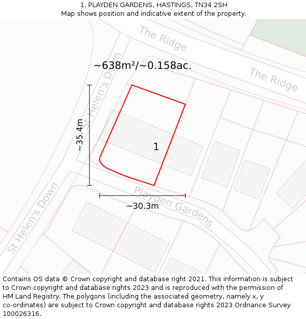 1, PLAYDEN GARDENS, HASTINGS, TN34 2SH: Plot and title map