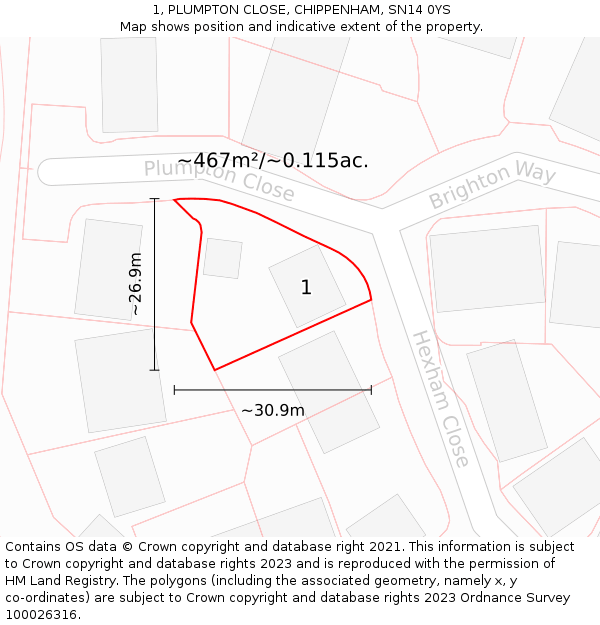 1, PLUMPTON CLOSE, CHIPPENHAM, SN14 0YS: Plot and title map