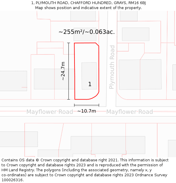 1, PLYMOUTH ROAD, CHAFFORD HUNDRED, GRAYS, RM16 6BJ: Plot and title map