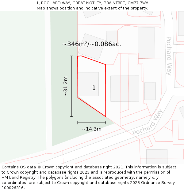 1, POCHARD WAY, GREAT NOTLEY, BRAINTREE, CM77 7WA: Plot and title map