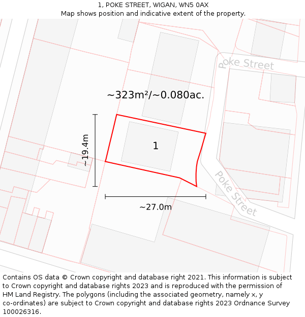 1, POKE STREET, WIGAN, WN5 0AX: Plot and title map